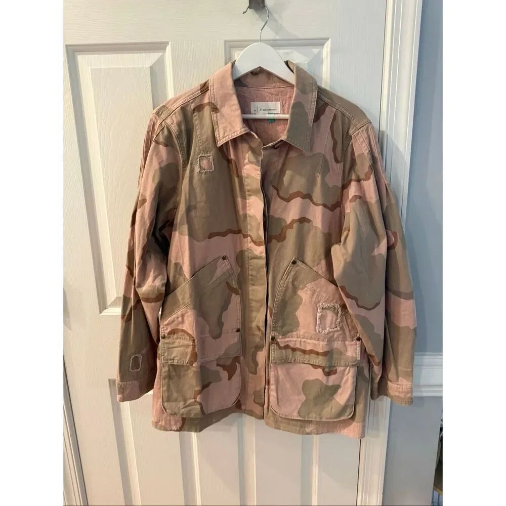 Anthropologie Pink & Green Camo Canvas Patch Jacket sz 1X NWT